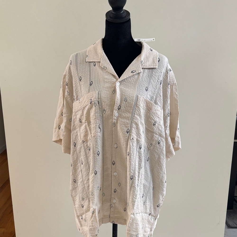 Sun + Stone Beige Short-Sleeve Button-Up Shirt with Tiny Geo Motifs
